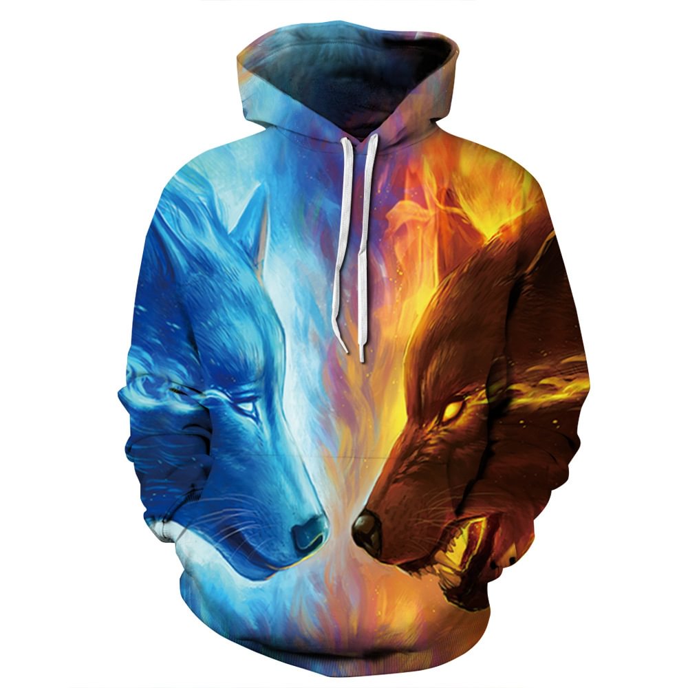 Ice Fire Wolf Digital Printed Hoodie Women's Plus Size