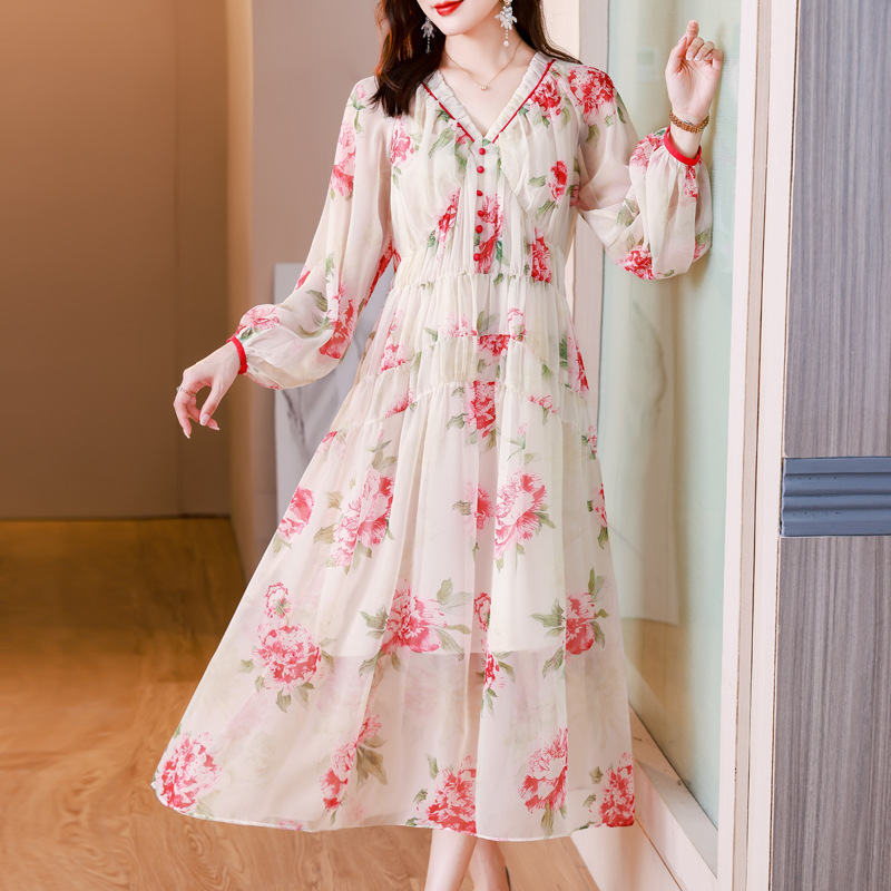 Megamillionnew Sweet Floral Print Silk Long Dress Women Elegant V Neck High Waist Lantern Sleeve Loose Casual Holiday Vestidos Spring New J101