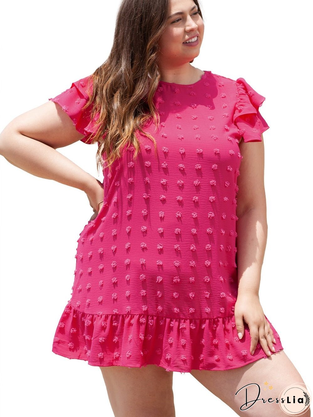 Strawberry Pink Jacquard Ruffle Sleeve Plus Size Mini Dress