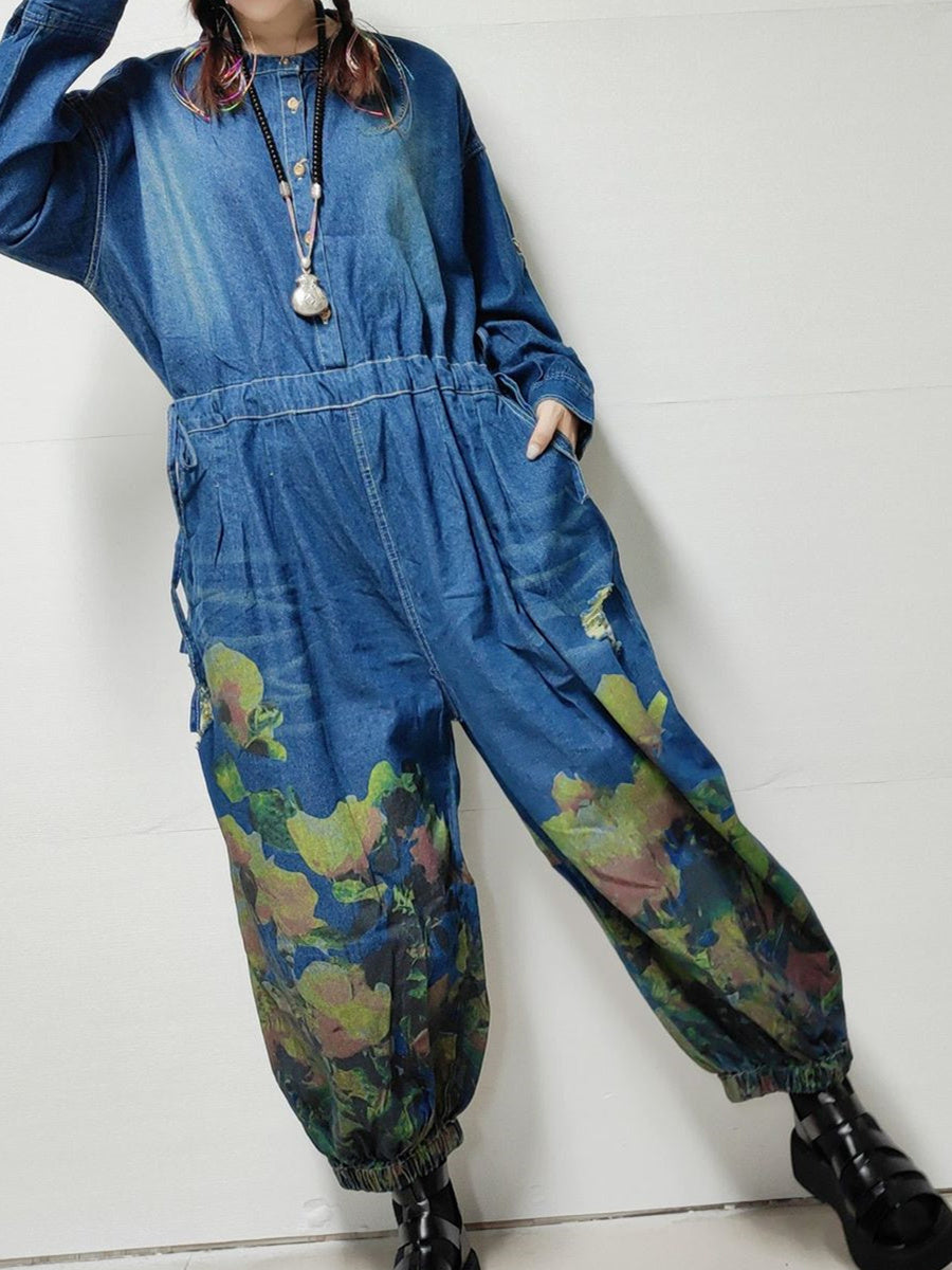 Women's Plus Size Floral Printed Casual Retro Cropped Workwear Denim Overalls Jumpsuit