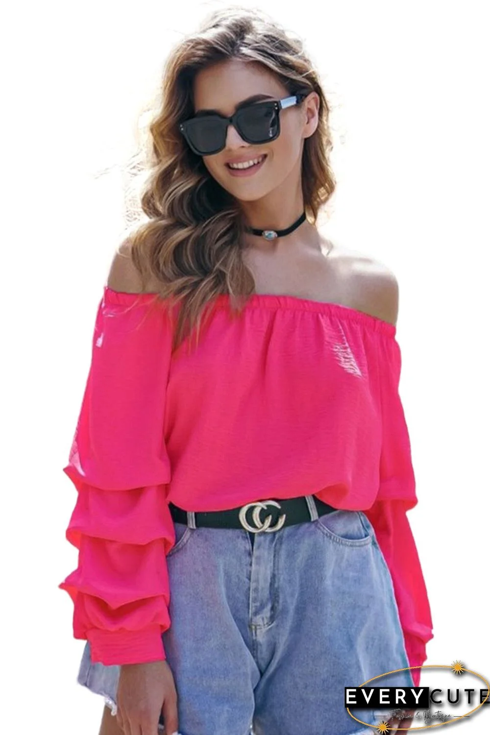 Rose Pleated Sleeve Off Shoulder Blouse