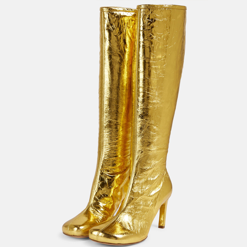 GOOSHOE Back Zipper Thin Heels Women Solid Suede Knee High Boots Silver Long Booties Square Toe Shoes