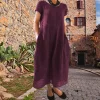 Robe trapèze ample en coton et lin de grande taille de couleur unie