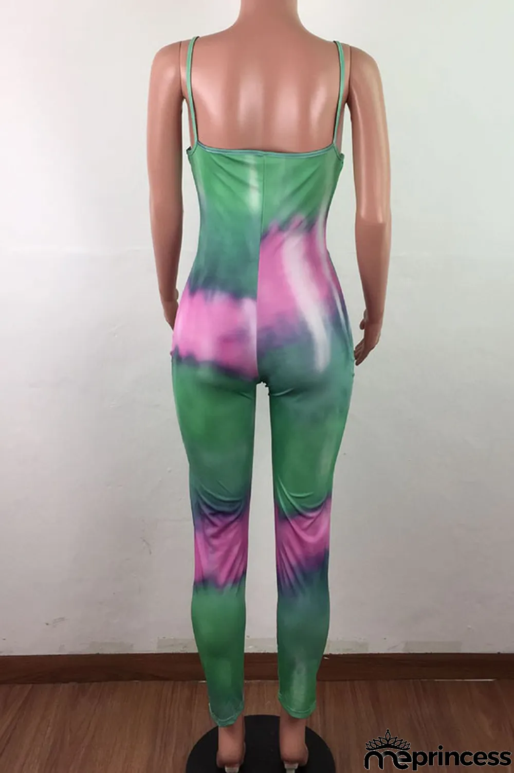 Blue Fashion Sexy Tie-dyed Sleeveless Slip Jumpsuits