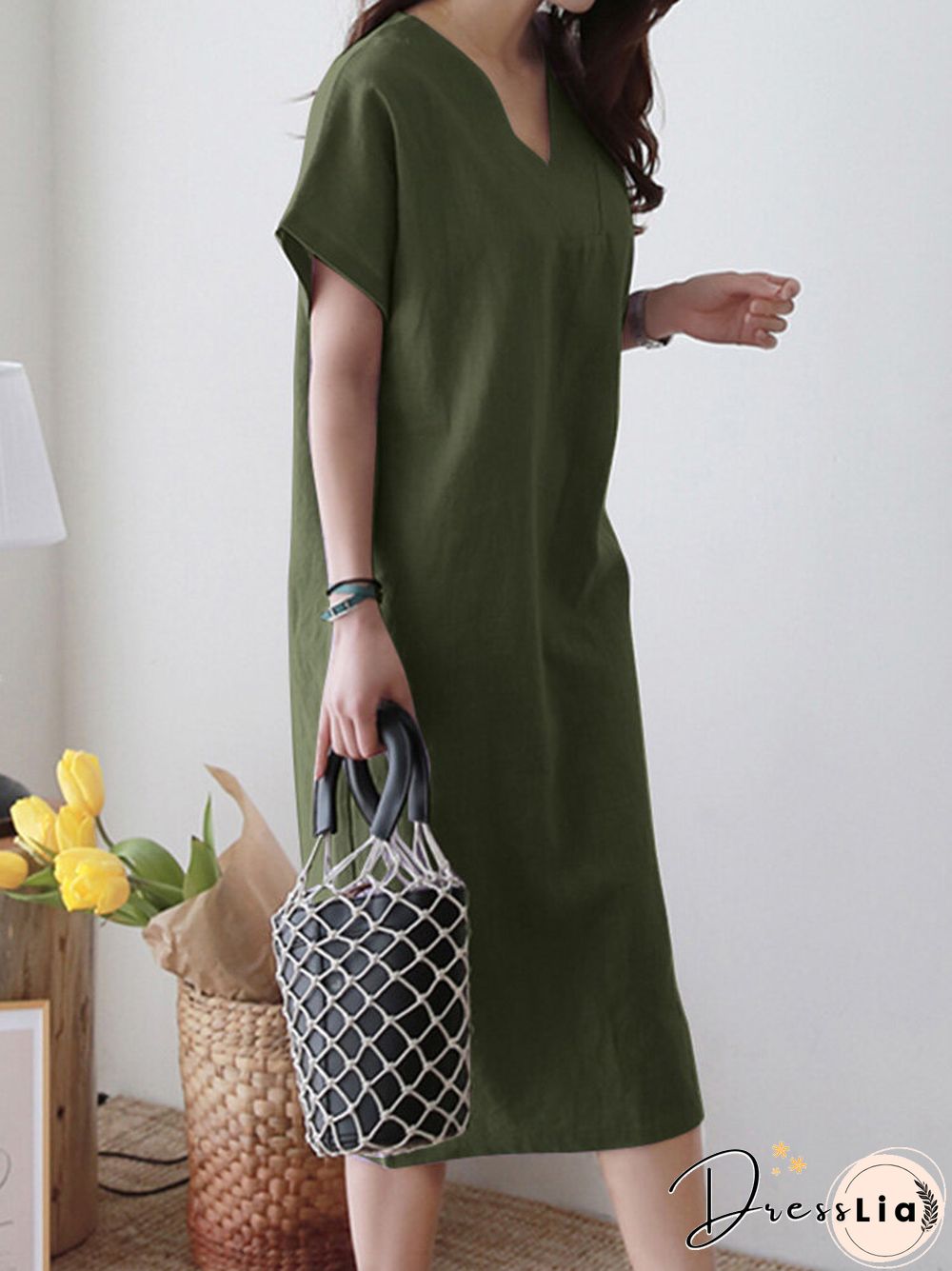 Solid V-neck Short Sleeve Dress For Women