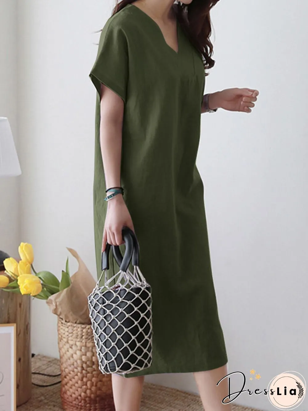 Solid V-neck Short Sleeve Dress For Women