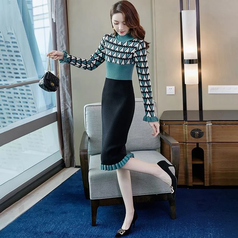 Knit Love Print Sweater Dress Autumn Winter For Women Lady Vintage Slim Dress Female Half Turtleneck Patchwork Bodycon Dress