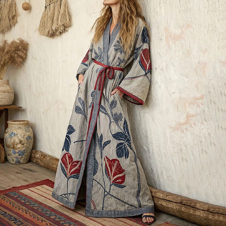 Utbros Women's Floral Art Linen V-neck Robe