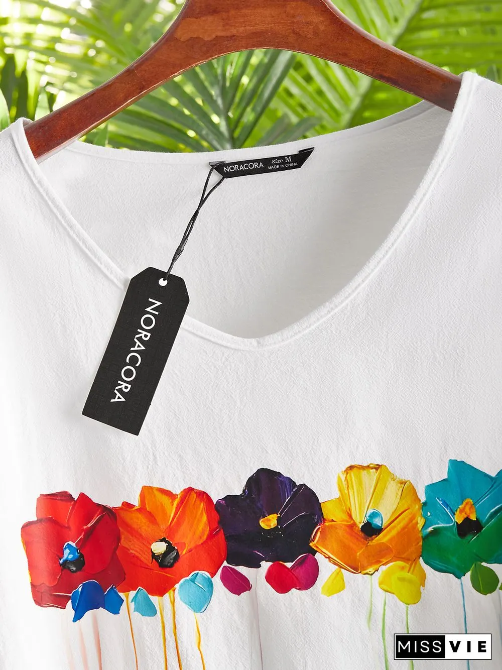Casual Floral V Neck Cotton Short Sleeve Loosen Floral Tops