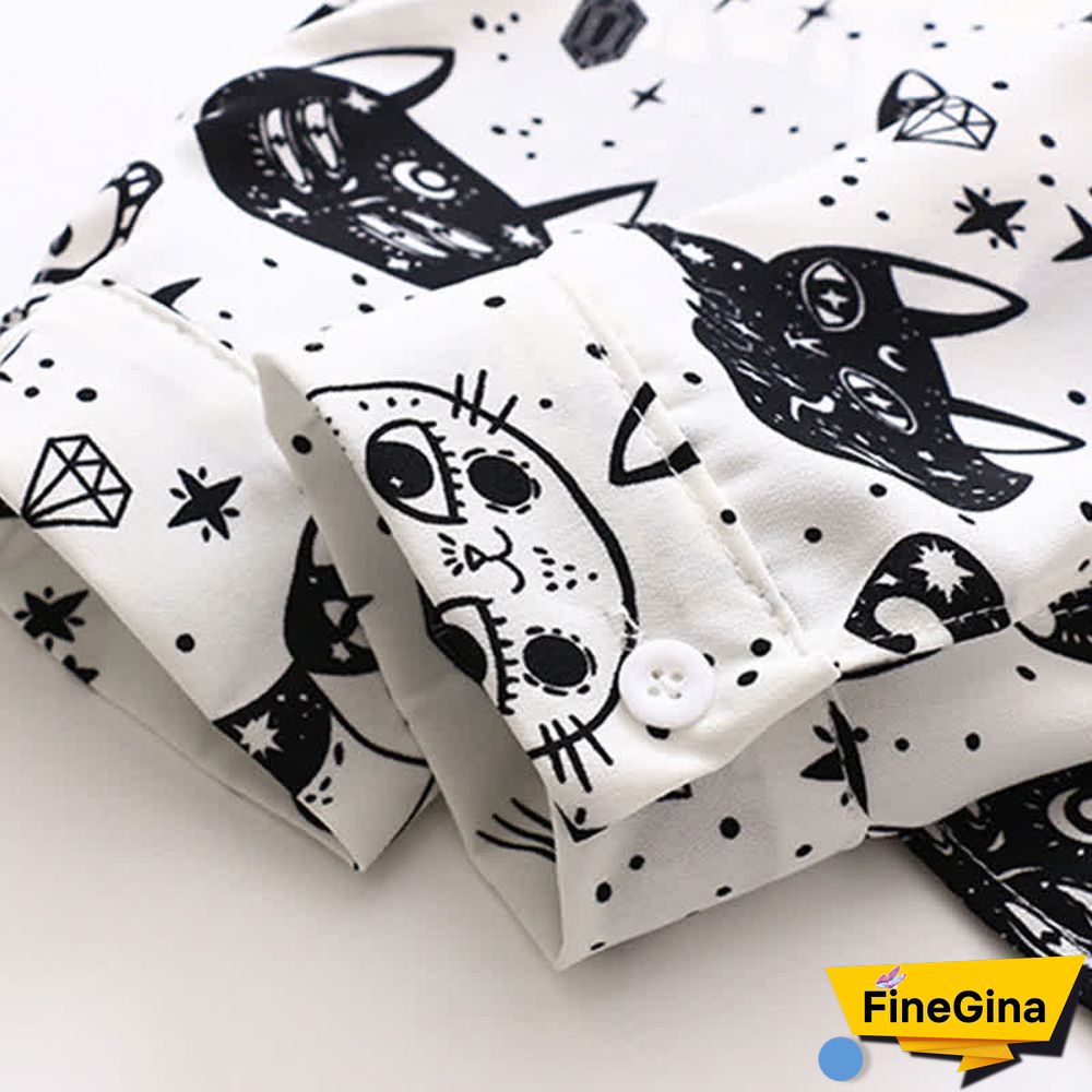 Kitty Print Long Sleeve Lapel Chiffon Shirt