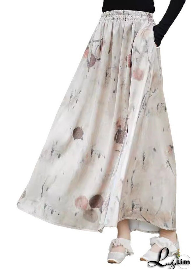 2024 New Print Pockets Elastic Waist Silk Skirts Summer