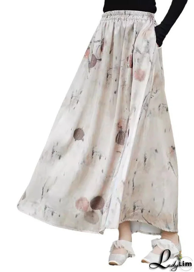 2024 New Print Pockets Elastic Waist Silk Skirts Summer