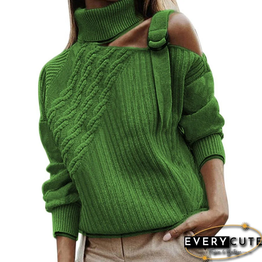 Green Cut-out Shoulder Knitted Solid Color Sweater