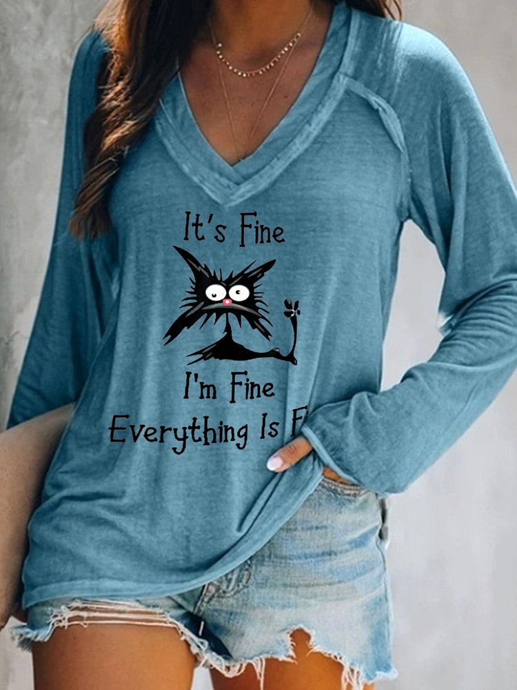 Women's It's Fine I'm Fine Everything Is Fine Funny Cat Long Sleeve T-Shirt