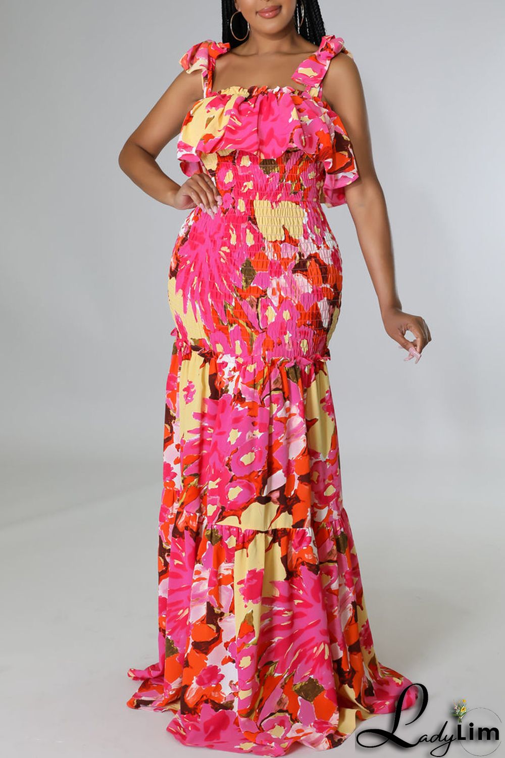 Red Fashion Sexy Print Bandage Backless Spaghetti Strap Long Dress