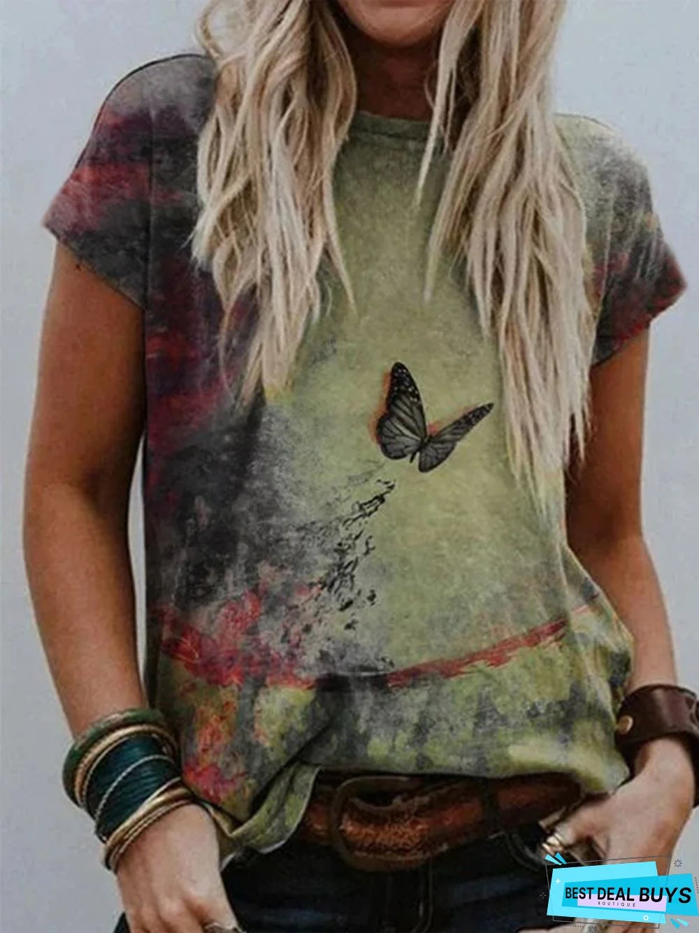 Multicolor Short Sleeve Ombre/tie-Dye Floral-Print T-shirt