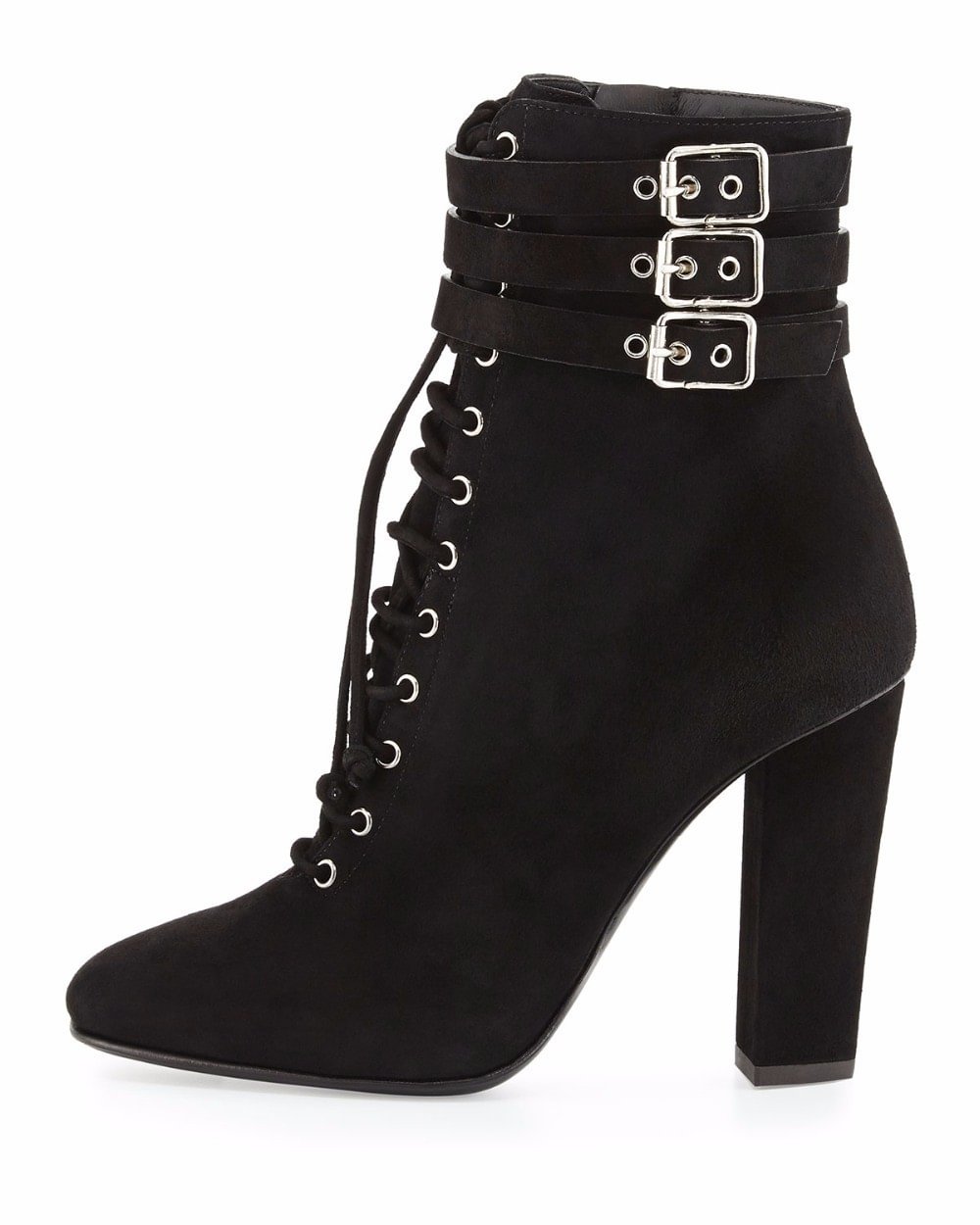 Women's Black High Heel Short Boots Black Lace Up Plus Size Chunky Ankle Boots Novameme