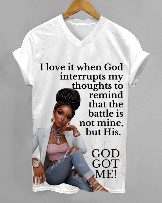 I Love It When God Interrupts My Thoughts To Remind That The Battle Is Not Mine V-neck Short Sleeve Shirt