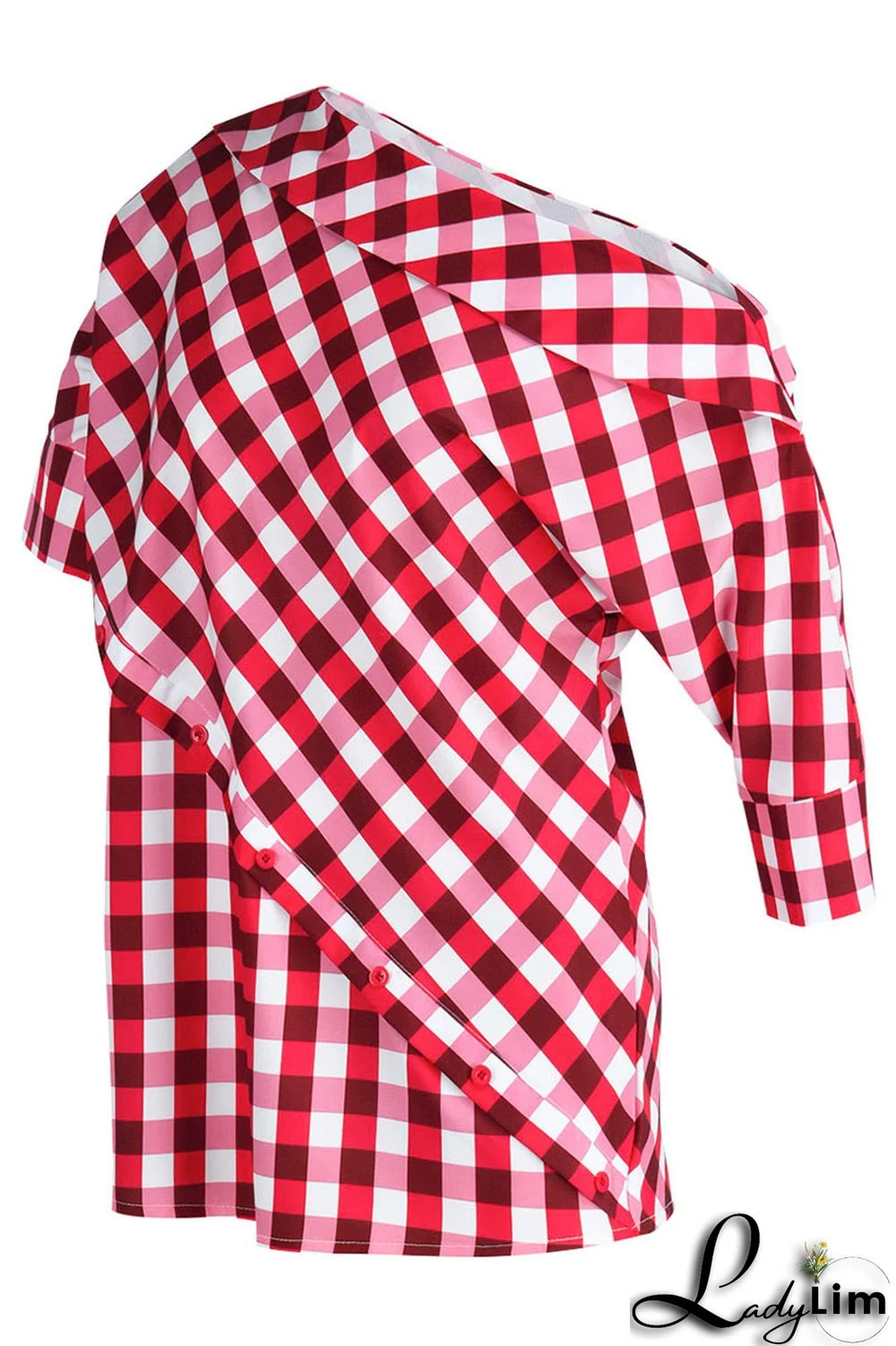 Black Casual Plaid Print Patchwork Asymmetrical Oblique Collar Tops