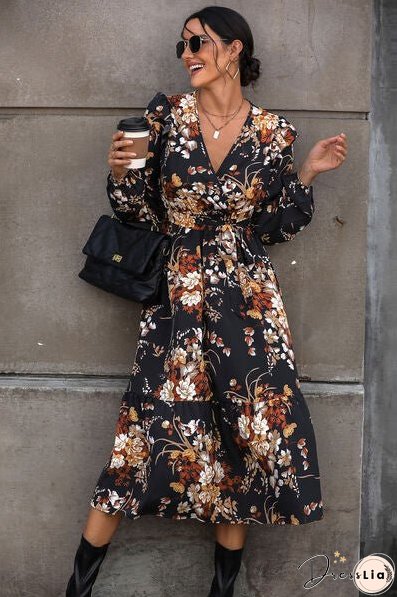 Floral Surplice Tie Front Ruffle Hem Midi Dress