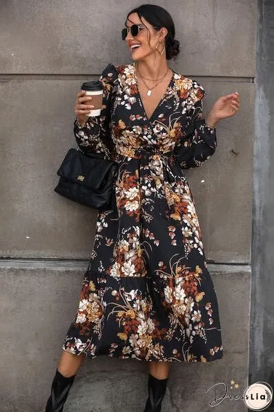 Floral Surplice Tie Front Ruffle Hem Midi Dress