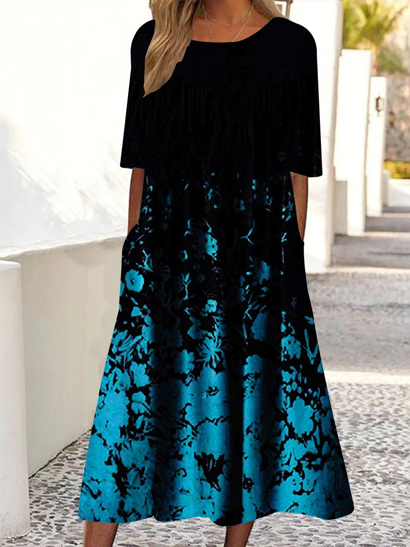 Women Half Sleeve V-neck Solid Color Dress