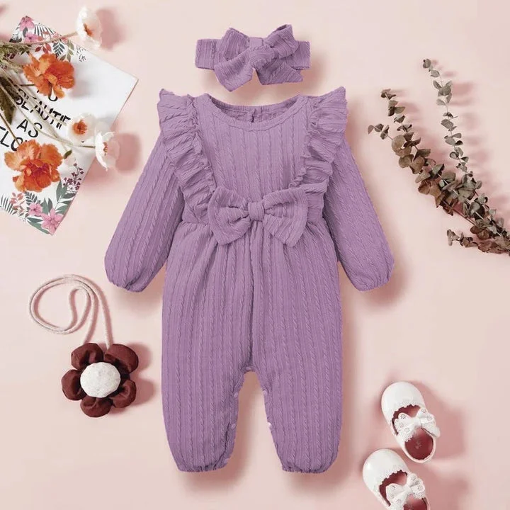 2PCS Solid Color Ruffle Bowknot Decor Long Sleeve Baby Jumpsuit