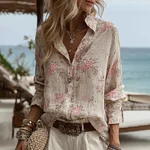 Women's Roses Print Crew Neck Linen Blend Shirt - Image 2