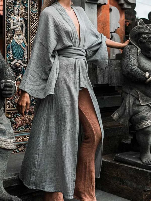 Women's Solid Color Loose Linen Trench Coat-Mayoulove