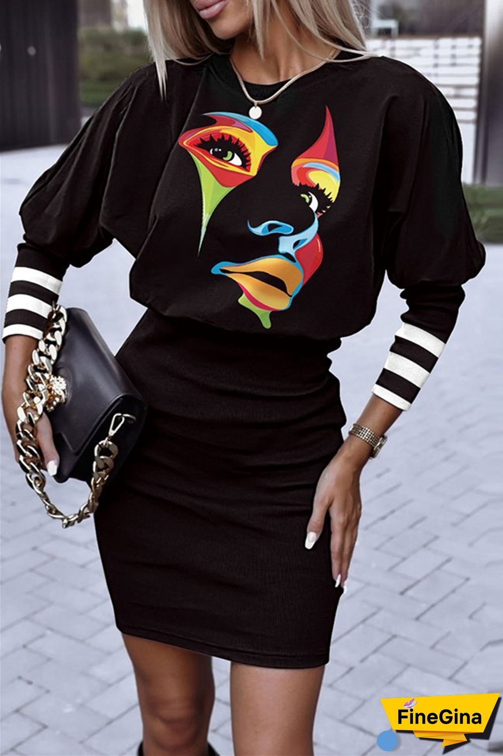 Dark Brown Casual Print Patchwork O Neck Long Sleeve Dresses