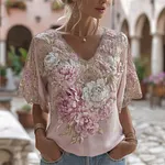 Bohème Pink And White Peony Embroidery Lightweight V-neck Short Sleeves - Image 2