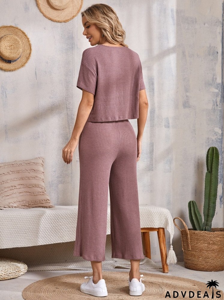 Drop Shoulder Waffle Knit Tee & Wide Leg Pants Set