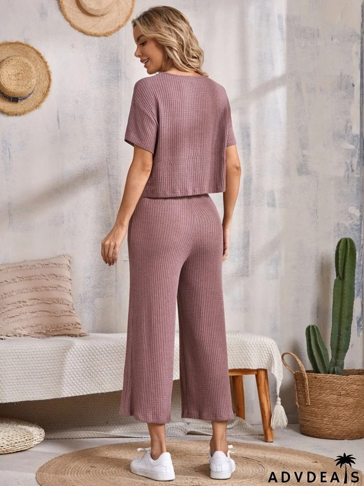 Drop Shoulder Waffle Knit Tee & Wide Leg Pants Set
