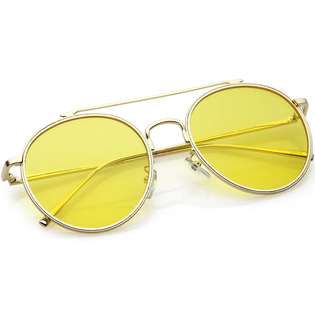 Modern Metal Crossbar Slim Temple Colored Flat Lens Round Aviator glasses 54mm