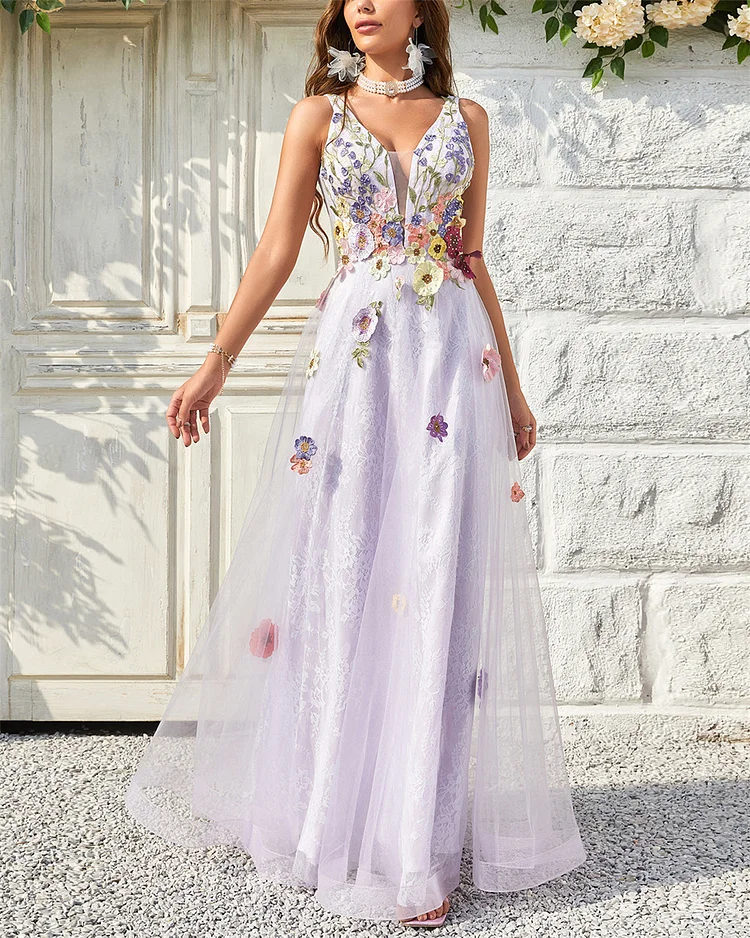 Women's Purple Sleeveless Mesh Embroidered Dress