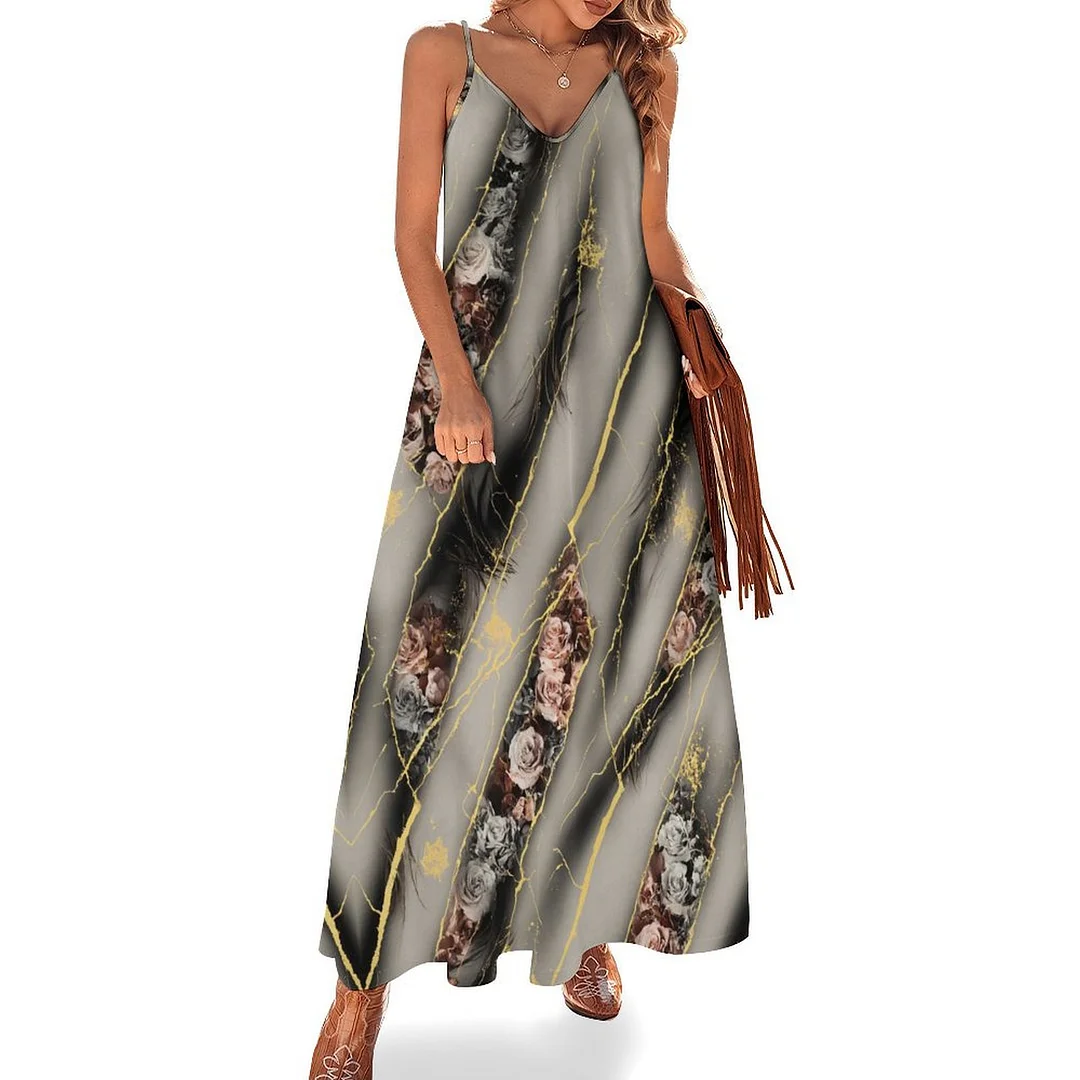 Style & Comfort for Mature Women Plus Size Printed Sling Casual Women Maxi Dress in Pattern Black, Floral, Rose, Marble