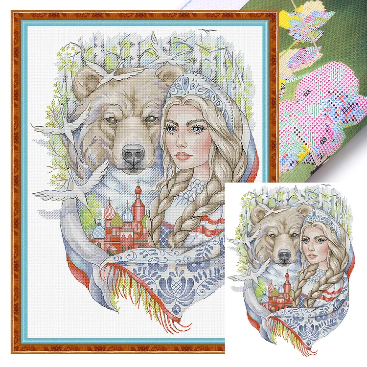 Joy Sunday- Bear and girl- 14CT - 2 Strands Threads Printed Cross Stitch - 33*43cm(Canvas)
