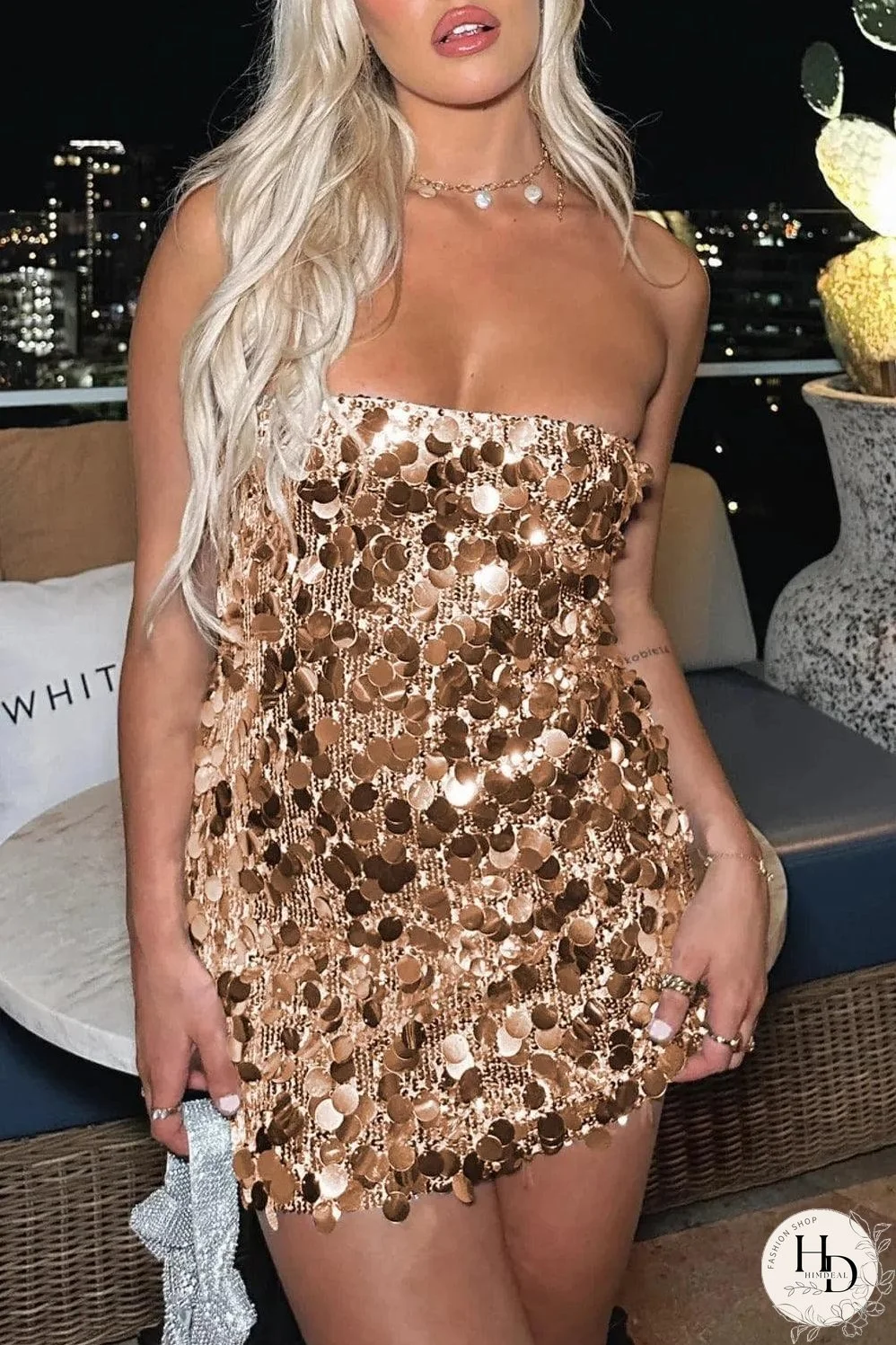 Gold Strapless Bodycon Mini Sequin Dress