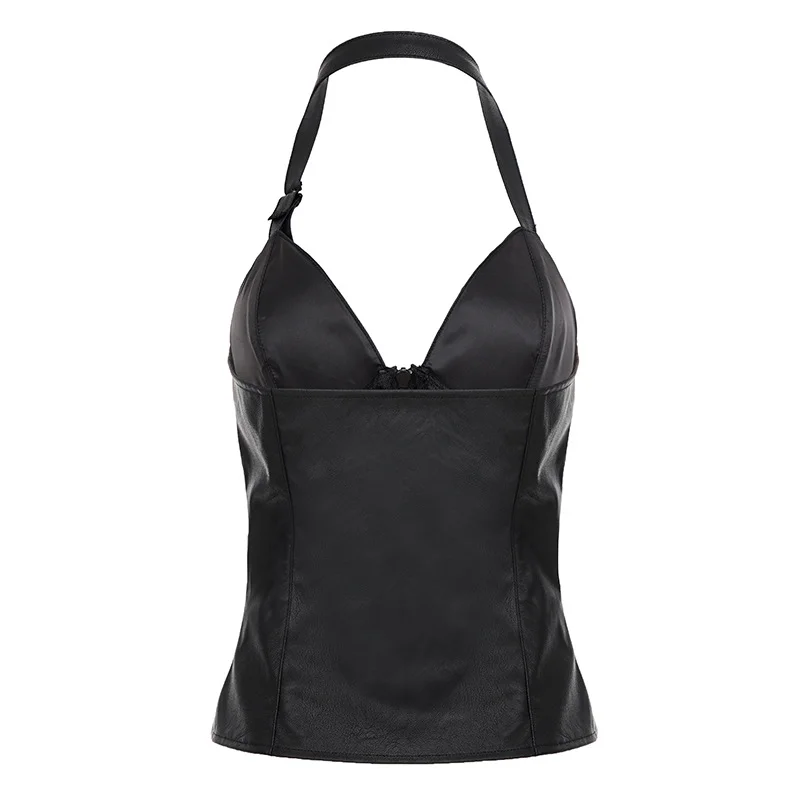 Nigikala Nigikala Sexy Waist-Type Skinny Leather Slings Solid Color Repair Neck Top (Including Chest Cushion)