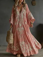 Vintage Boho Roses Embroidered Linen Maxi Dress