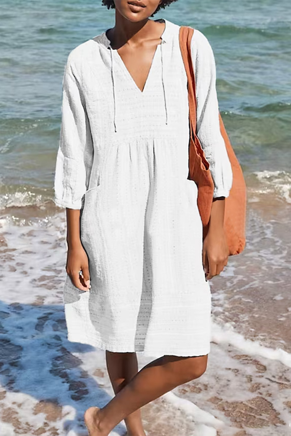 Plus Size Vacation Light Blue Cotton And Linen Jacquard Pocket 3/4 Sleeve Midi Dress 2024 - Flycurvy 