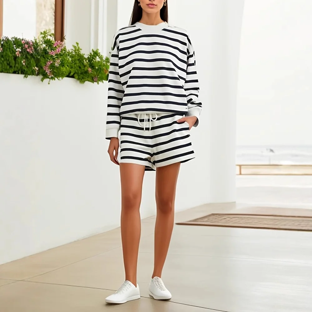 Athvotar Athvotar And Autumn 2025 New Round Collar Loose-Fitting Stripe Hit The Color Of The Jacket Women's Suit Long Sleeves And Open Shoulder Clothes + Shorts