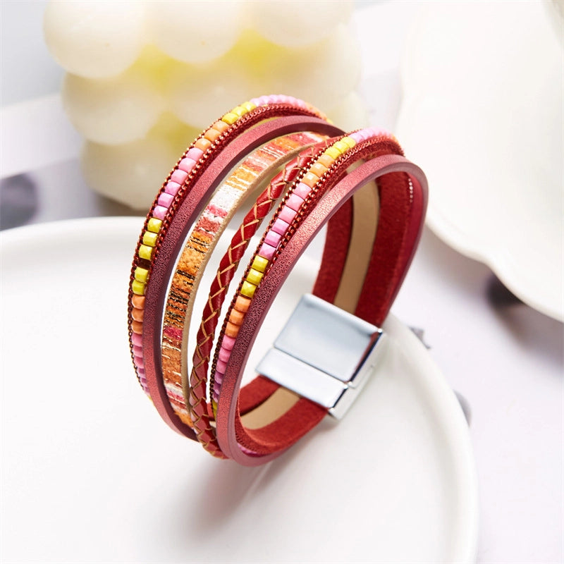 Hot New Bohemian Multi-layer Winding Bracelet Magnetic Buckle Trendy Artistic Men’s And Women’s Leather Bracelet