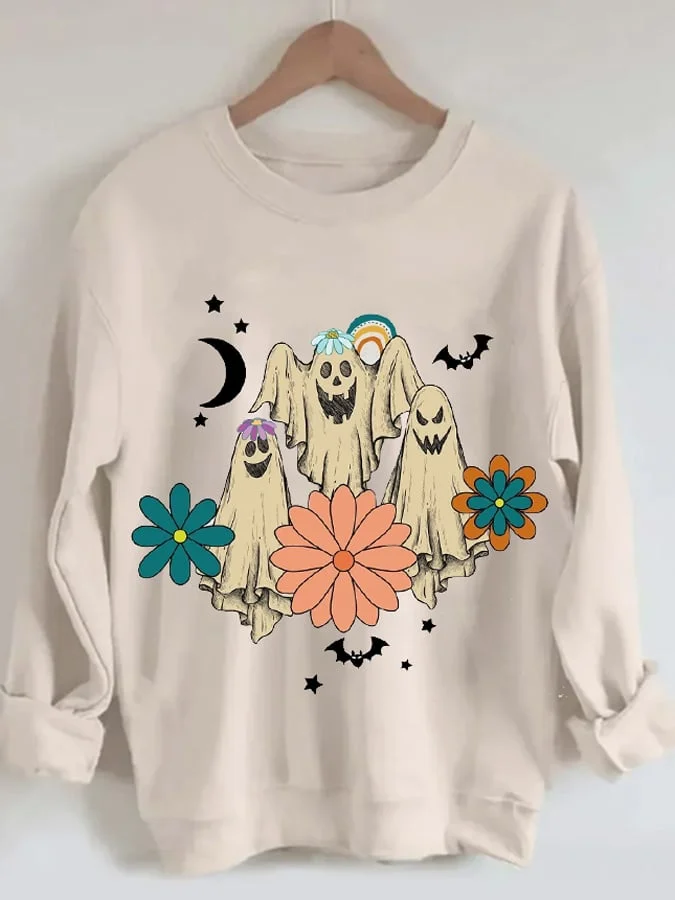Vintage Floral Ghost Print Round Neck Sweatshirt