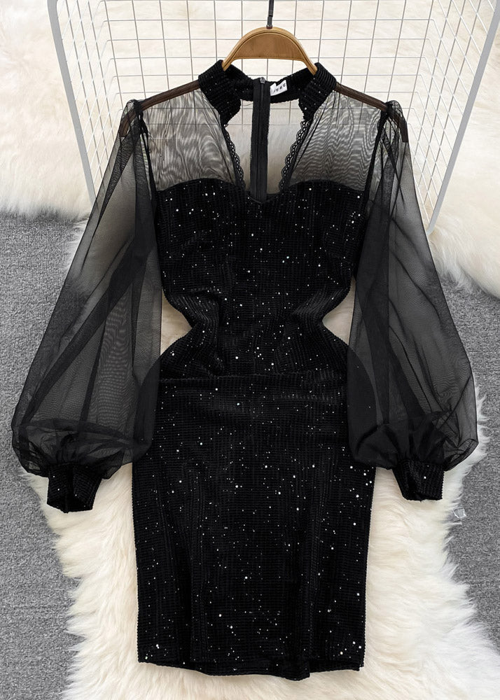 VCSHOES Black V Neck Sequins Patchwork Tulle Tunic Mid Dress Lantern Sleeve