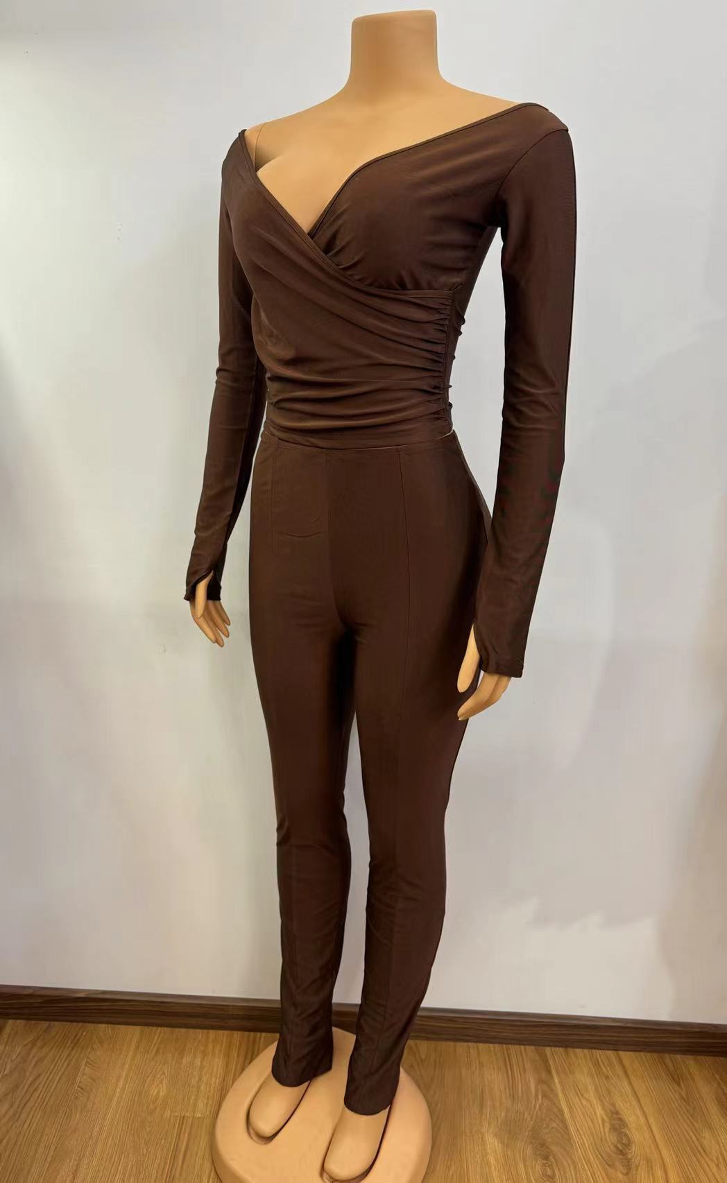 Women Solid v-neck sexy long-sleeved Top And trousers two-piece set