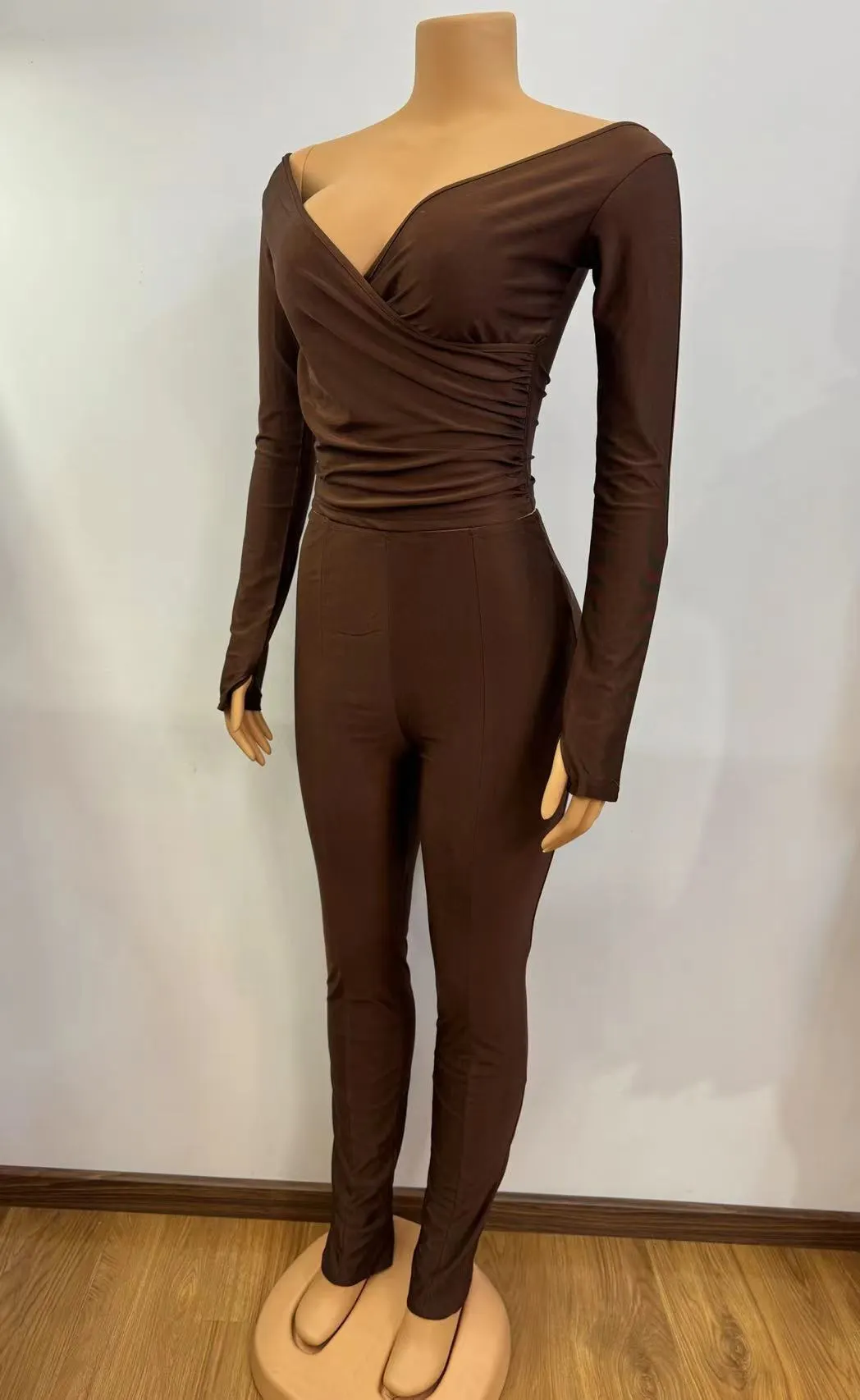 Women Solid v-neck sexy long-sleeved Top And trousers two-piece set