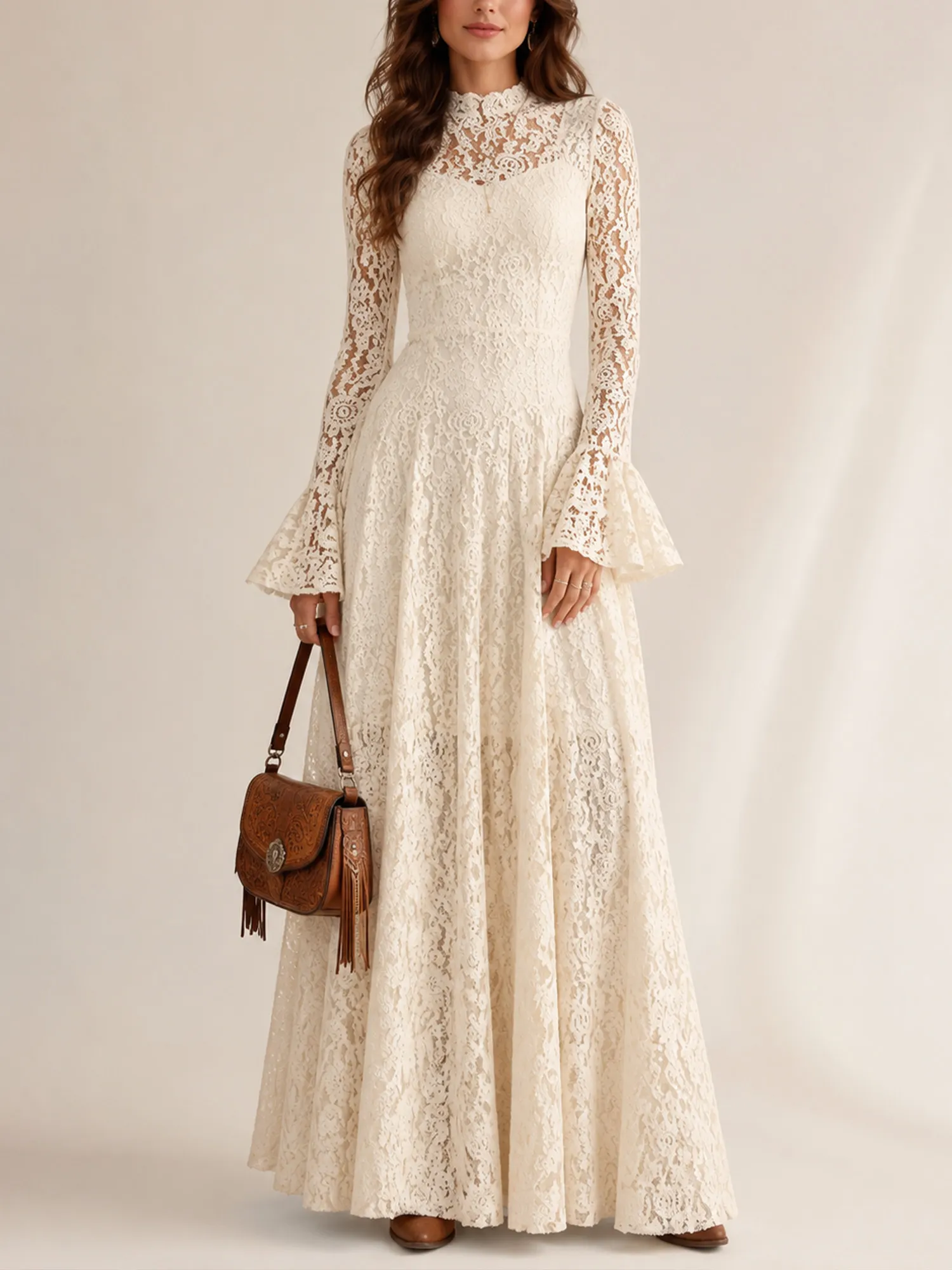 A sophisticated choice for a Western Bohemian holiday &mdash; 2026 off-white Maxi Dresses with fitted waist, French bell sleeves, and soft lined lace.