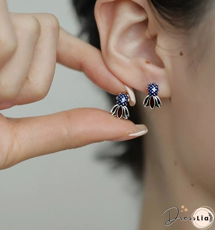 Enamel S925 Sterling Silver Blue Koi Fish Earrings Ladies Design Sense Temperament Retro National Style Earrings