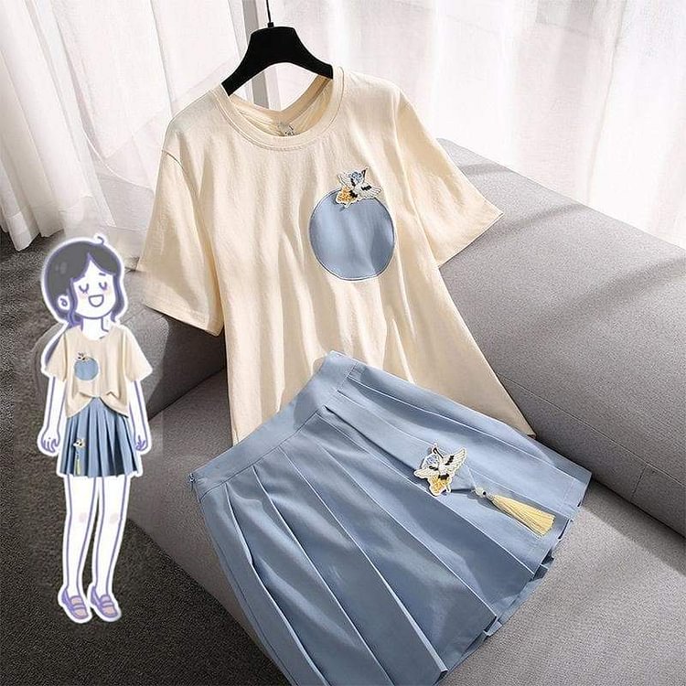 Fashion Cute Beige T-shirt Blue Skirt Set SP16153